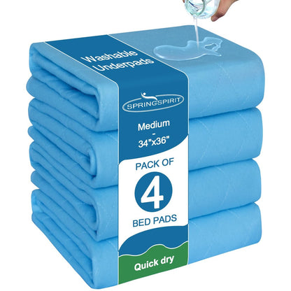 SPRINGSPIRIT waschbare Bettauflagen 34'' x 36'' (4er-Pack) – wasserdichte Inkontinenzunterlagen für Erwachsene, wiederverwendbare Bettschutzauflagen, blau