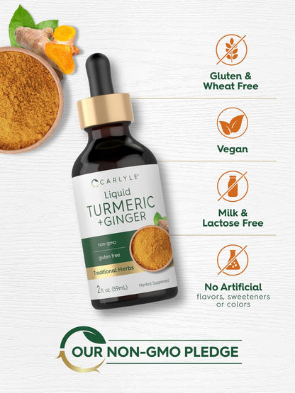 Carlyle Kurkuma- und Ingwertropfen 60 ml | Kräuterextrakt mit schwarzem Pfeffer | Vegan, Non-GMO, glutenfrei