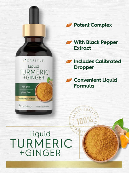 Carlyle Kurkuma- und Ingwertropfen 60 ml | Kräuterextrakt mit schwarzem Pfeffer | Vegan, Non-GMO, glutenfrei