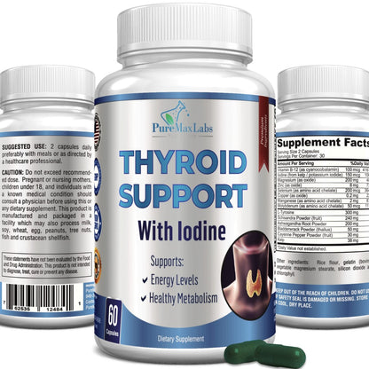 Schilddrüsenunterstützung mit Jod – Stoffwechsel-Booster, Energie-Booster, Konzentrationssteigerung – Premium Non-GMO Schilddrüsenpräparat 60 Kapseln