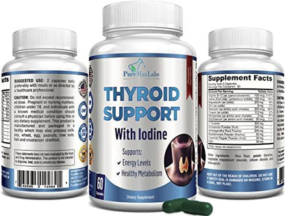 Schilddrüsenunterstützung mit Jod – Stoffwechsel-Booster, Energie-Booster, Konzentrationssteigerung – Premium Non-GMO Schilddrüsenpräparat 60 Kapseln