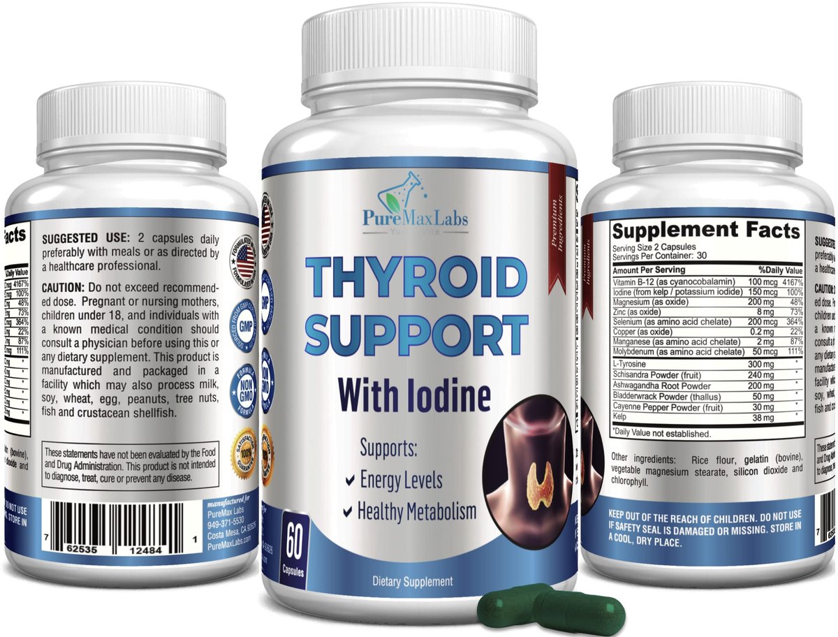 Schilddrüsenunterstützung mit Jod – Stoffwechsel-Booster, Energie-Booster, Konzentrationssteigerung – Premium Non-GMO Schilddrüsenpräparat 60 Kapseln