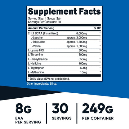 Nutricost EAA Pulver 30 Portionen (Ungeschmack) - Essentielle Aminosäuren - Nicht-GVO, Glutenfrei, Vegetarierfreundlich