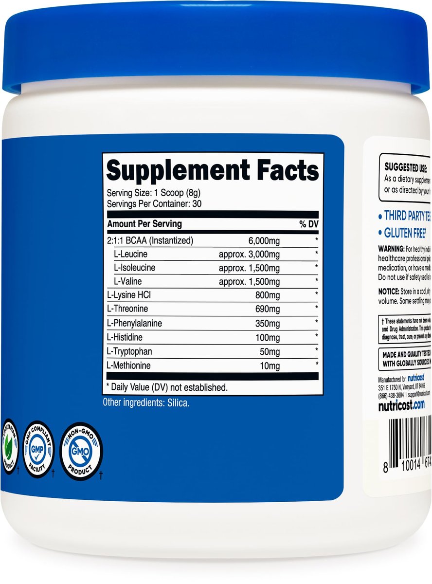 Nutricost BCAA Pulver (Erdbeer-Kiwi, 30 Portionen) - Optimales 2:1:1 Verhältnis