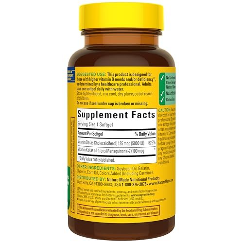 Nature Made Vitamin D3 K2 Supplement, 5000 IE (125 µg) Vitamin D für Knochen, Zähne, Muskeln und Immunsystem, 30 D3 & K2 Weichkapseln, 30-Tage-Versorgung