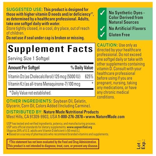 Nature Made Vitamin D3 K2 Supplement, 5000 IE (125 µg) Vitamin D für Knochen, Zähne, Muskeln und Immunsystem, 30 D3 & K2 Weichkapseln, 30-Tage-Versorgung