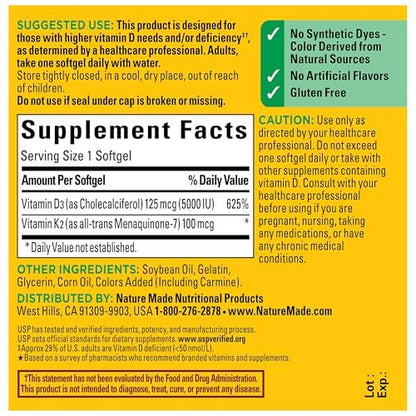 Nature Made Vitamin D3 K2 Supplement, 5000 IE (125 µg) Vitamin D für Knochen, Zähne, Muskeln und Immunsystem, 30 D3 & K2 Weichkapseln, 30-Tage-Versorgung