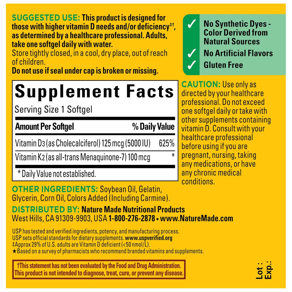 Nature Made Vitamin D3 K2 Supplement, 5000 IE (125 µg) Vitamin D für Knochen, Zähne, Muskeln und Immunsystem, 30 D3 & K2 Weichkapseln, 30-Tage-Versorgung