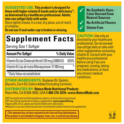 Nature Made Vitamin D3 K2 Supplement, 5000 IE (125 µg) Vitamin D für Knochen, Zähne, Muskeln und Immunsystem, 30 D3 & K2 Weichkapseln, 30-Tage-Versorgung