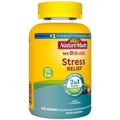 Nature Made Wellblends Stress Relief Gummies – L-Theanin 200 mg & GABA 100 mg, 40 Erdbeer-Gummis zur Stressreduktion