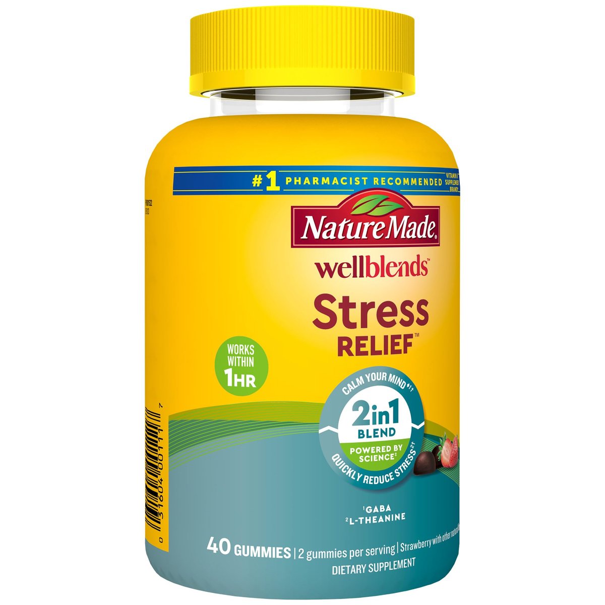 Nature Made Wellblends Stress Relief Gummies – L-Theanin 200 mg & GABA 100 mg, 40 Erdbeer-Gummis zur Stressreduktion