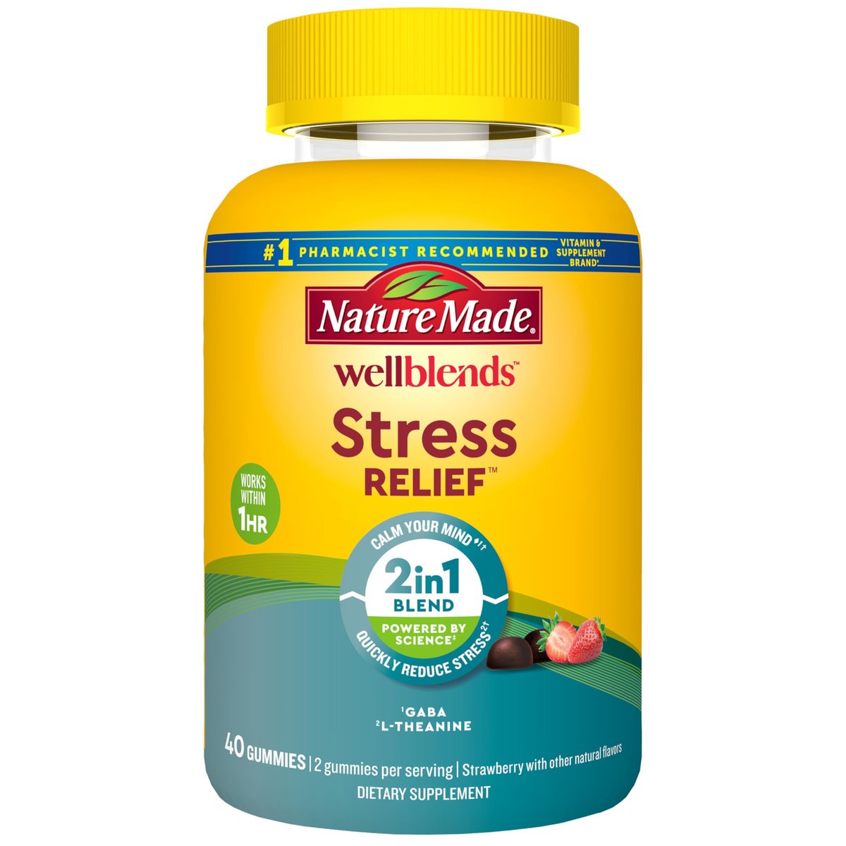 Nature Made Wellblends Stress Relief Gummies – L-Theanin 200 mg & GABA 100 mg, 40 Erdbeer-Gummis zur Stressreduktion