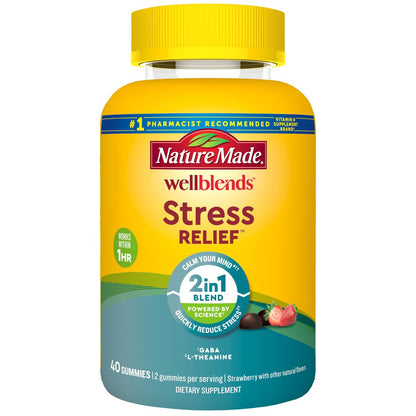Nature Made Wellblends Stress Relief Gummies – L-Theanin 200 mg & GABA 100 mg, 40 Erdbeer-Gummis zur Stressreduktion
