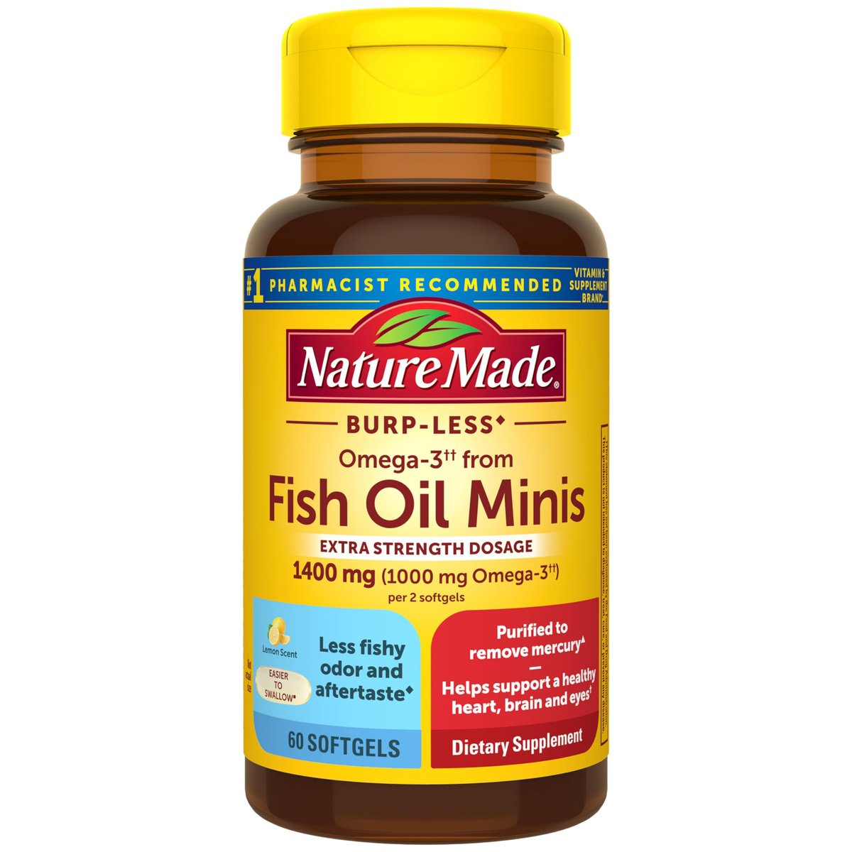 Nature Made Extra Strength Burp Less Fischöl Omega 3 Kapseln 1400 mg Minis, Omega 3 Fischöl als Ethylester für Herz, Gehirn & Augen, 60 Softgels, 30 Tage Vorrat