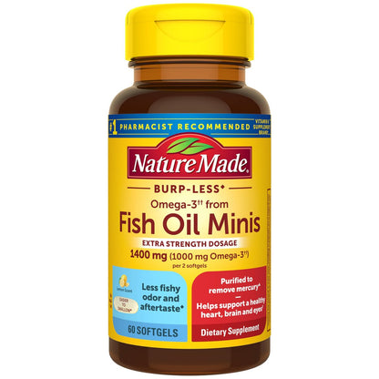 Nature Made Extra Strength Burp Less Fischöl Omega 3 Kapseln 1400 mg Minis, Omega 3 Fischöl als Ethylester für Herz, Gehirn & Augen, 60 Softgels, 30 Tage Vorrat