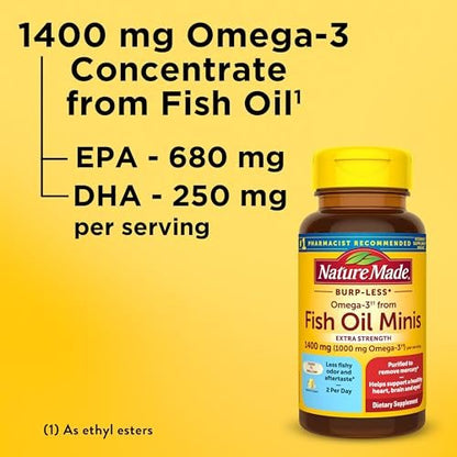 Nature Made Extra Strength Burp Less Fischöl Omega 3 Kapseln 1400 mg Minis, Omega 3 Fischöl als Ethylester für Herz, Gehirn & Augen, 60 Softgels, 30 Tage Vorrat