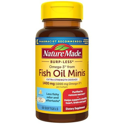 Nature Made Extra Strength Burp Less Fischöl Omega 3 Kapseln 1400 mg Minis, Omega 3 Fischöl als Ethylester für Herz, Gehirn & Augen, 60 Softgels, 30 Tage Vorrat