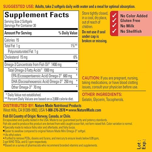 Nature Made Extra Strength Burp Less Fischöl Omega 3 Kapseln 1400 mg Minis, Omega 3 Fischöl als Ethylester für Herz, Gehirn & Augen, 60 Softgels, 30 Tage Vorrat