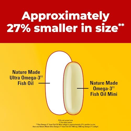 Nature Made Extra Strength Burp Less Fischöl Omega 3 Kapseln 1400 mg Minis, Omega 3 Fischöl als Ethylester für Herz, Gehirn & Augen, 60 Softgels, 30 Tage Vorrat
