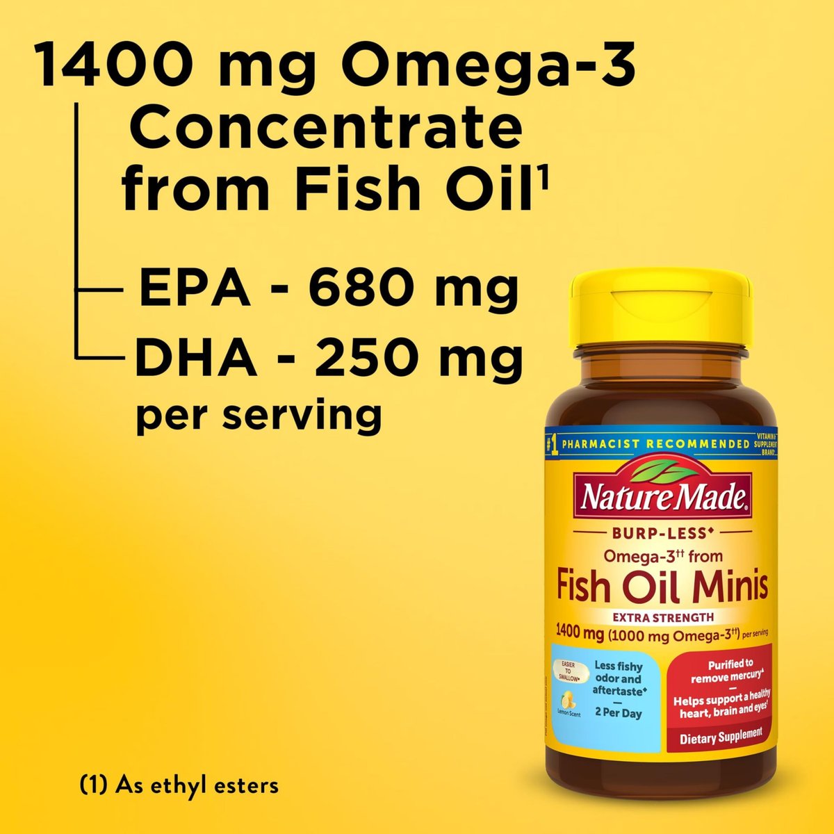 Nature Made Extra Strength Burp Less Fischöl Omega 3 Kapseln 1400 mg Minis, Omega 3 Fischöl als Ethylester für Herz, Gehirn & Augen, 60 Softgels, 30 Tage Vorrat