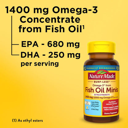 Nature Made Extra Strength Burp Less Fischöl Omega 3 Kapseln 1400 mg Minis, Omega 3 Fischöl als Ethylester für Herz, Gehirn & Augen, 60 Softgels, 30 Tage Vorrat