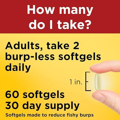 Nature Made Extra Strength Burp Less Fischöl Omega 3 Kapseln 1400 mg Minis, Omega 3 Fischöl als Ethylester für Herz, Gehirn & Augen, 60 Softgels, 30 Tage Vorrat