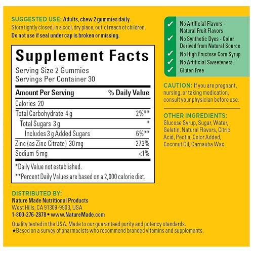 Nature Made Zink Gummis 30 mg – 60 Gummis, 30 Tage Vorrat, Immunsystem & Antioxidantien