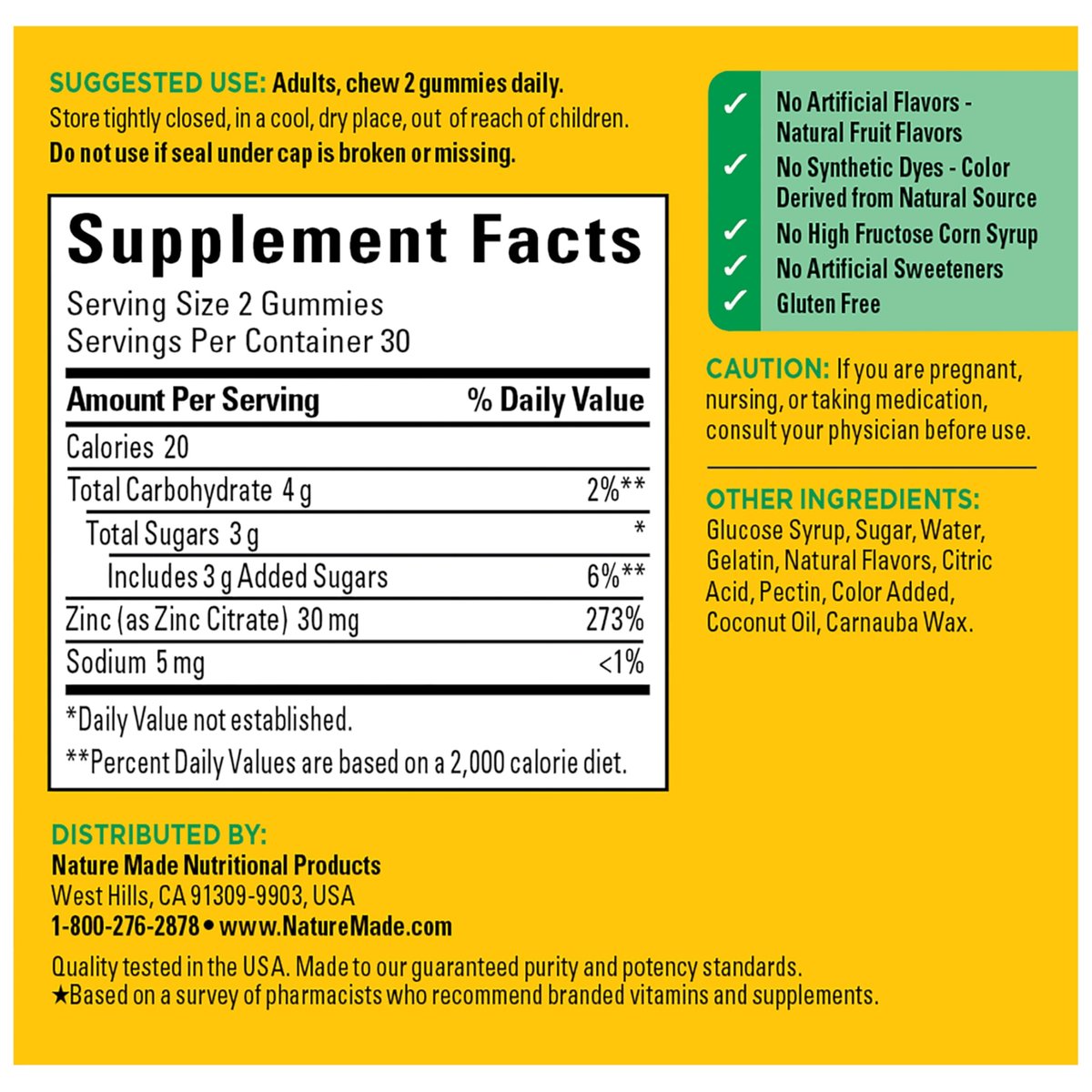 Nature Made Zink Gummis 30 mg – 60 Gummis, 30 Tage Vorrat, Immunsystem & Antioxidantien
