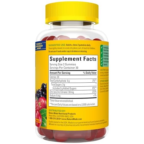 Nature Made Zink Gummis 30 mg – 60 Gummis, 30 Tage Vorrat, Immunsystem & Antioxidantien