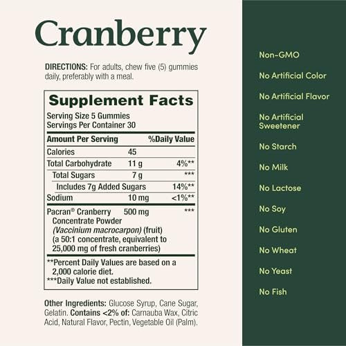 Nature's Bounty Cranberry Gummies 500 mg - Unterstützung der Harnwege, Cran-Himbeer-Geschmack, 150 Stück