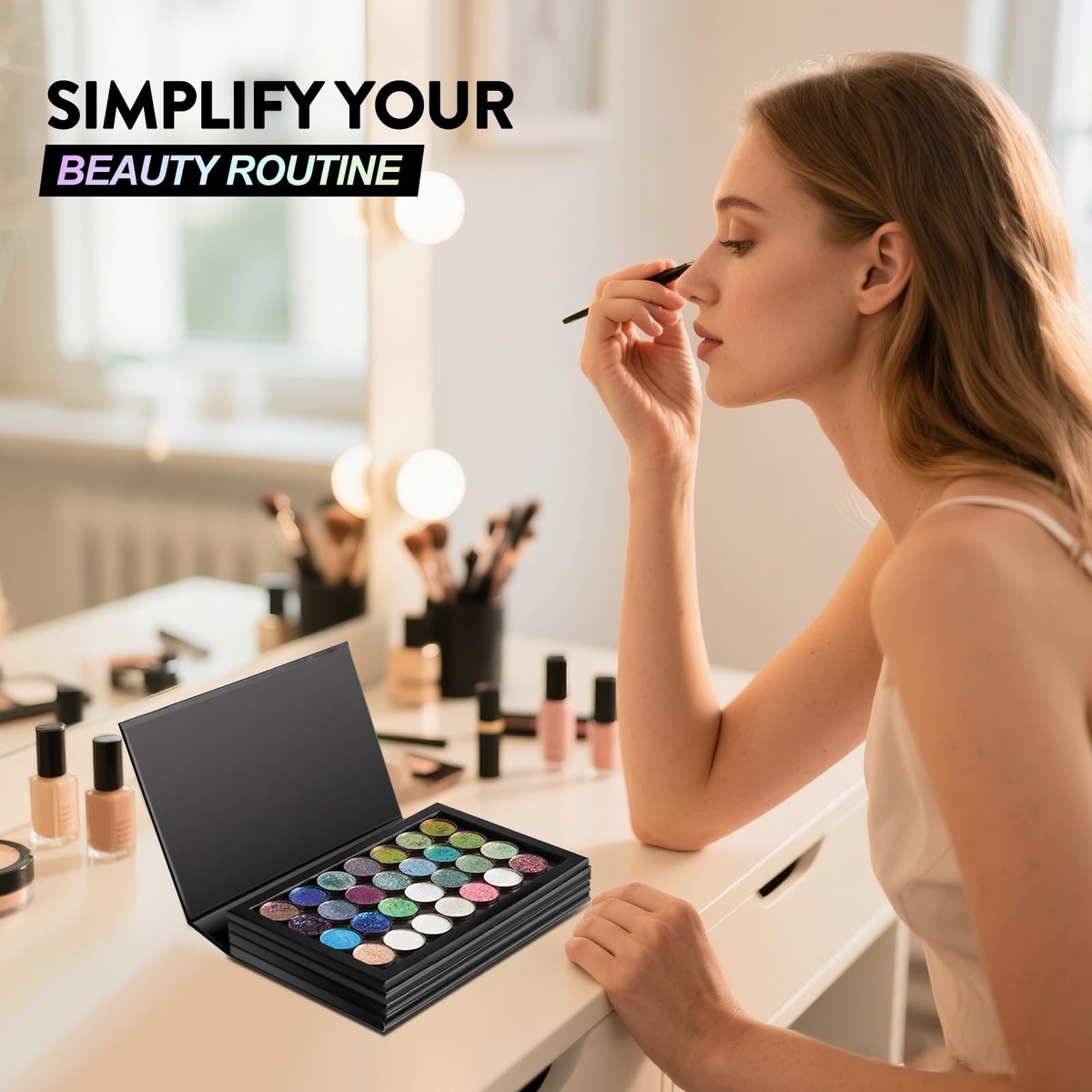 SZDYM Starke 4-lagige leere Magnet-Palette Buch + Make-up Depotting Spatel + 50 runde Metall-Aufkleber + 50 quadratische Metall-Aufkleber - Schwarz
