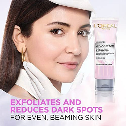 L'Oréal Paris Glycolic Bright Täglicher Reinigungsschaum für das Gesicht, 100 ml | Gesichtswasser mit Glykolsäure für stumpfe Haut | Täglicher, strahlender Gesichtsreiniger