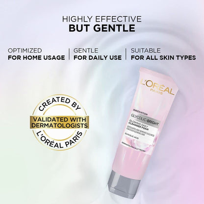 L'Oréal Paris Glycolic Bright Täglicher Reinigungsschaum für das Gesicht, 100 ml | Gesichtswasser mit Glykolsäure für stumpfe Haut | Täglicher, strahlender Gesichtsreiniger
