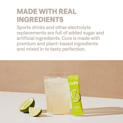 Cure Hydration | Pflanzliches Elektrolyt-Getränkepulver | Ohne Zuckerzusatz | FSA-HSA | Erfrischungspulver mit Kokoswasser | Non-GMO | Vegan | Box mit 8 Portionen - Limette