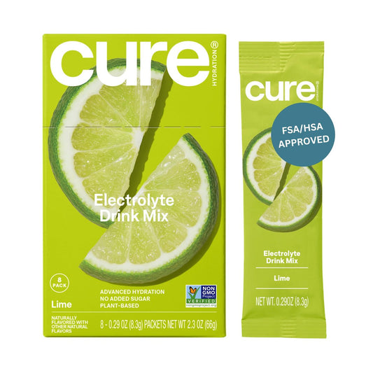Cure Hydration | Pflanzliches Elektrolyt-Getränkepulver | Ohne Zuckerzusatz | FSA-HSA | Erfrischungspulver mit Kokoswasser | Non-GMO | Vegan | Box mit 8 Portionen - Limette