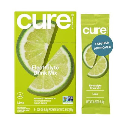Cure Hydration | Pflanzliches Elektrolyt-Getränkepulver | Ohne Zuckerzusatz | FSA-HSA | Erfrischungspulver mit Kokoswasser | Non-GMO | Vegan | Box mit 8 Portionen - Limette