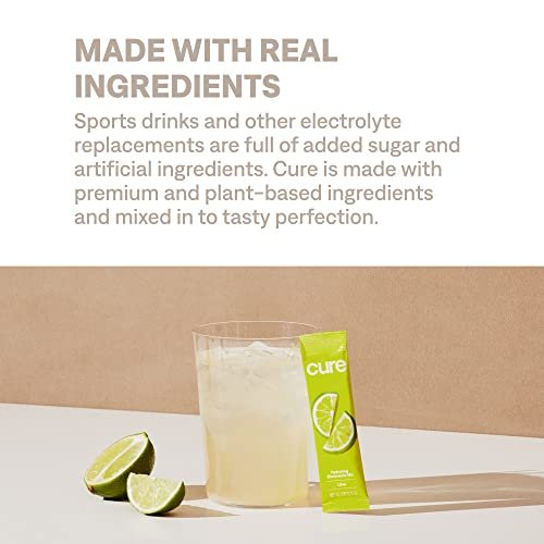 Cure Hydration | Pflanzliches Elektrolyt-Getränkepulver | Ohne Zuckerzusatz | FSA-HSA | Erfrischungspulver mit Kokoswasser | Non-GMO | Vegan | Box mit 8 Portionen - Limette