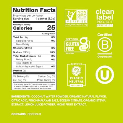 Cure Hydration | Pflanzliches Elektrolyt-Getränkepulver | Ohne Zuckerzusatz | FSA-HSA | Erfrischungspulver mit Kokoswasser | Non-GMO | Vegan | Box mit 8 Portionen - Limette