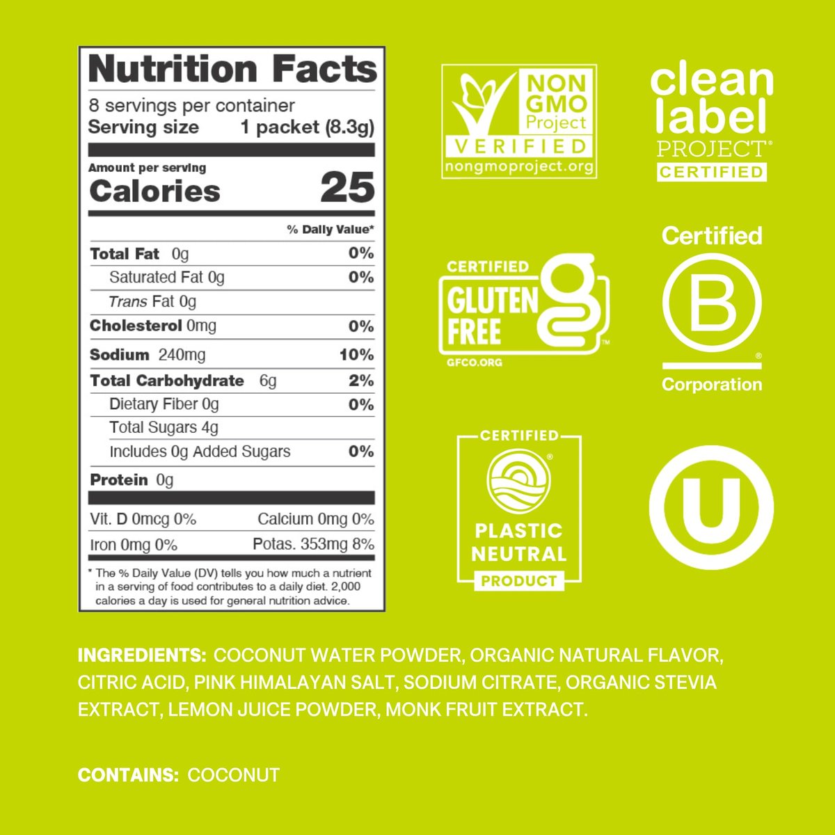 Cure Hydration | Pflanzliches Elektrolyt-Getränkepulver | Ohne Zuckerzusatz | FSA-HSA | Erfrischungspulver mit Kokoswasser | Non-GMO | Vegan | Box mit 8 Portionen - Limette