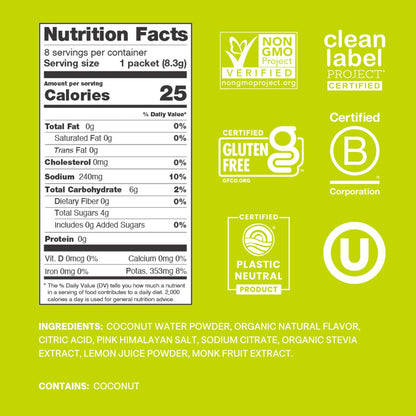 Cure Hydration | Pflanzliches Elektrolyt-Getränkepulver | Ohne Zuckerzusatz | FSA-HSA | Erfrischungspulver mit Kokoswasser | Non-GMO | Vegan | Box mit 8 Portionen - Limette