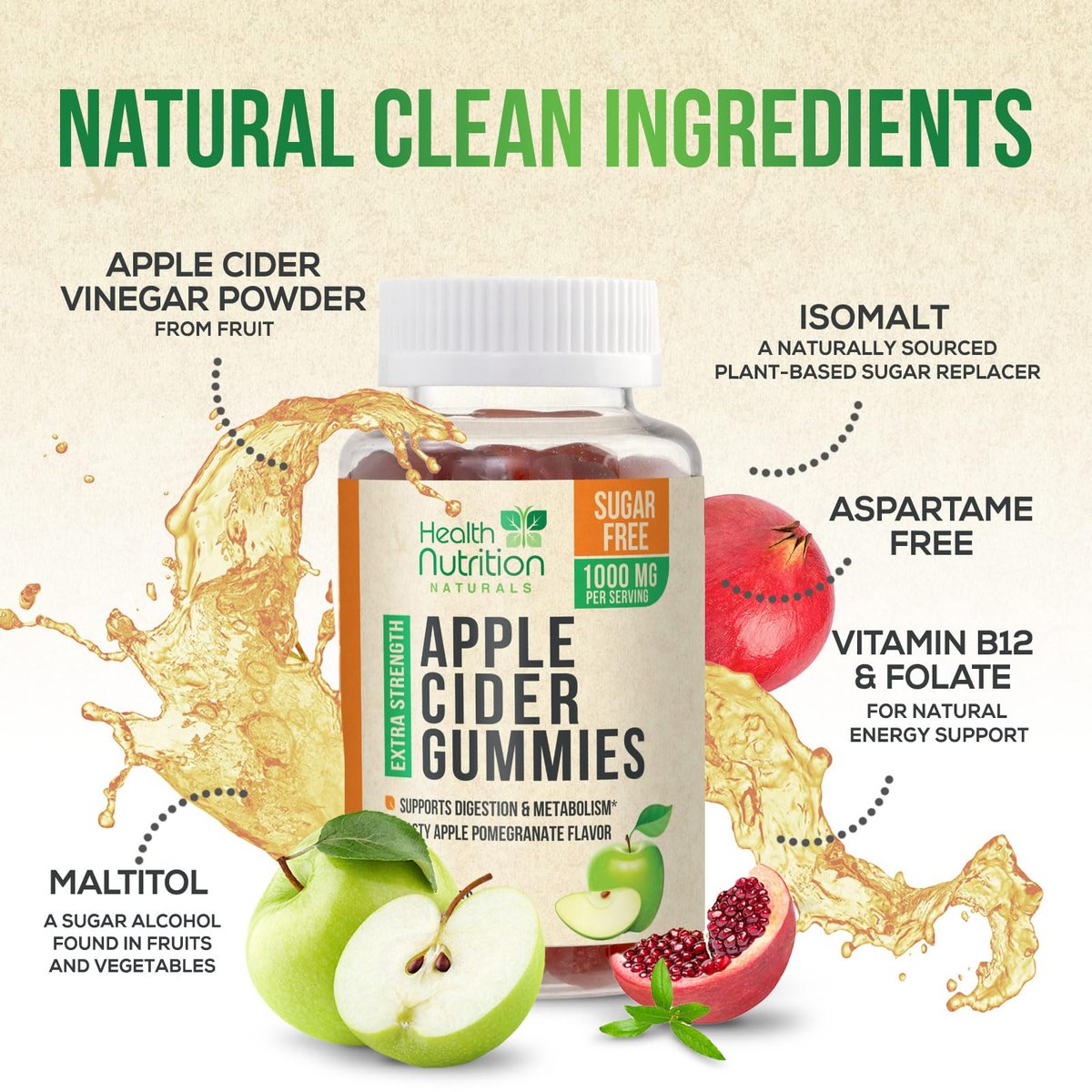 Apfelessig Gummibärchen Null Zucker - Max Stärke ACV Gummivitamine - Vitamin B12 & Die Mutter - Stoffwechsel & Energie Unterstützung - Vegane Apfelessig Gummibärchen - Non-GMO - 60 Gummibärchen