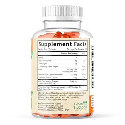 Apfelessig Gummies ohne Zucker - Max Stärke ACV Gummivitamine - Vitamin B12 & Die Mutter - Stoffwechsel & Energie Unterstützung - Vegane Apfelessig Gummis - Non-GMO - 120 Gummis