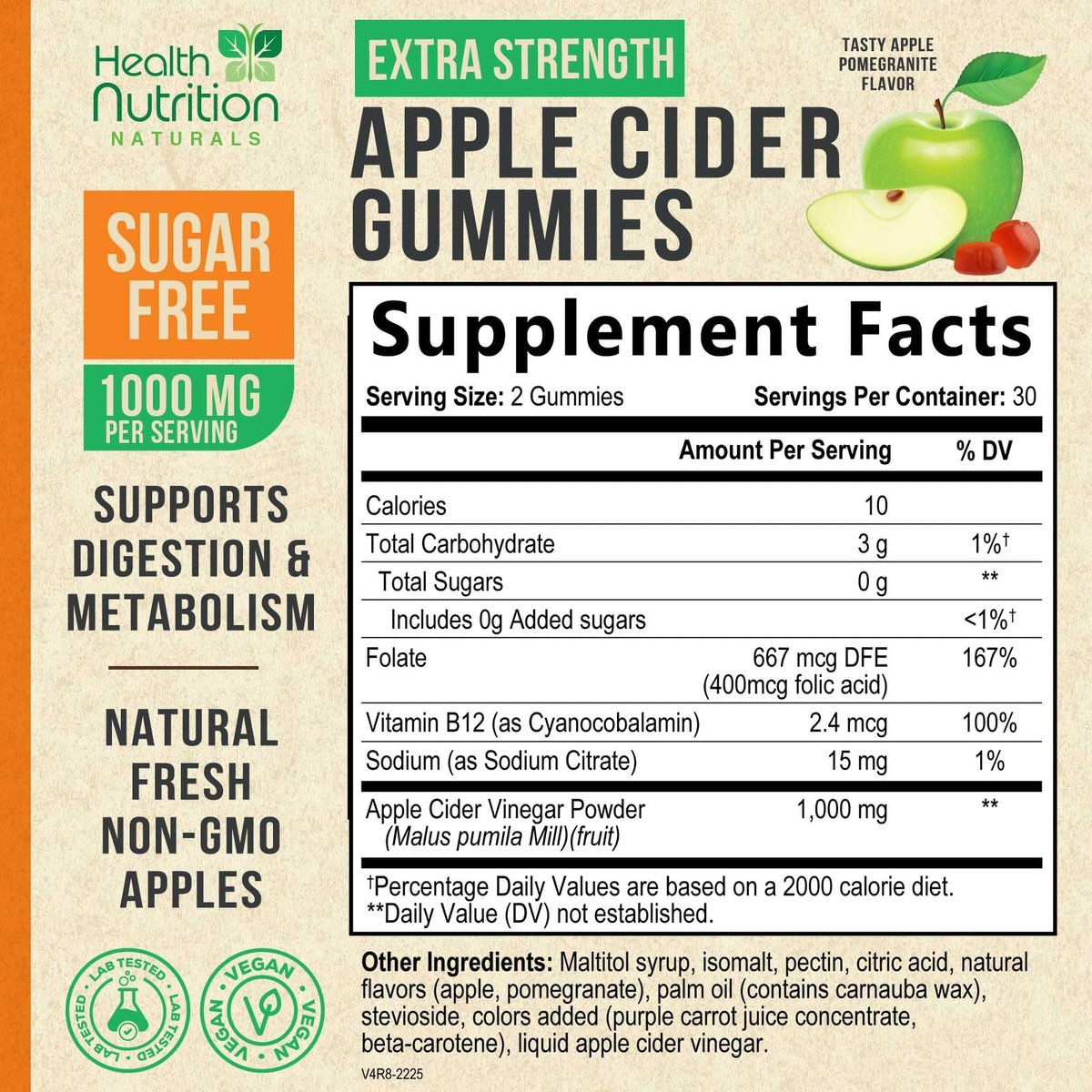 Apfelessig Gummibärchen Null Zucker - Max Stärke ACV Gummivitamine - Vitamin B12 & Die Mutter - Stoffwechsel & Energie Unterstützung - Vegane Apfelessig Gummibärchen - Non-GMO - 60 Gummibärchen