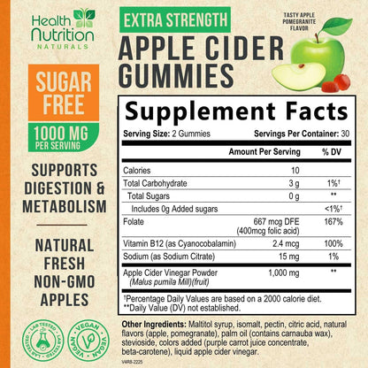 Apfelessig Gummibärchen Null Zucker - Max Stärke ACV Gummivitamine - Vitamin B12 & Die Mutter - Stoffwechsel & Energie Unterstützung - Vegane Apfelessig Gummibärchen - Non-GMO - 60 Gummibärchen