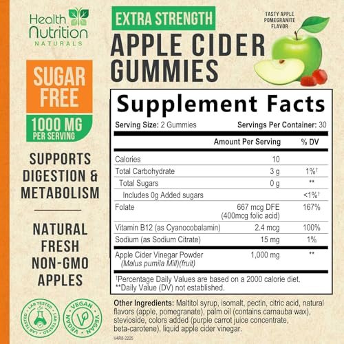 Apfelessig Gummibärchen Null Zucker - Max Stärke ACV Gummivitamine - Vitamin B12 & Die Mutter - Stoffwechsel & Energie Unterstützung - Vegane Apfelessig Gummibärchen - Non-GMO - 60 Gummibärchen