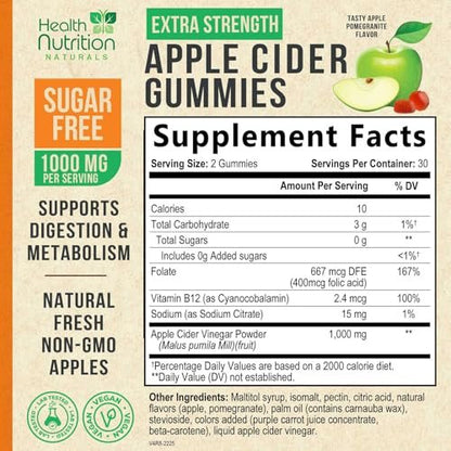 Apfelessig Gummibärchen Null Zucker - Max Stärke ACV Gummivitamine - Vitamin B12 & Die Mutter - Stoffwechsel & Energie Unterstützung - Vegane Apfelessig Gummibärchen - Non-GMO - 60 Gummibärchen