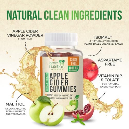 Apfelessig Gummibärchen Null Zucker - Max Stärke ACV Gummivitamine - Vitamin B12 & Die Mutter - Stoffwechsel & Energie Unterstützung - Vegane Apfelessig Gummibärchen - Non-GMO - 60 Gummibärchen