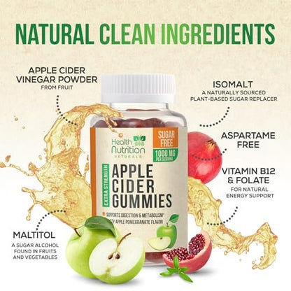 Apfelessig Gummibärchen Null Zucker - Max Stärke ACV Gummivitamine - Vitamin B12 & Die Mutter - Stoffwechsel & Energie Unterstützung - Vegane Apfelessig Gummibärchen - Non-GMO - 60 Gummibärchen