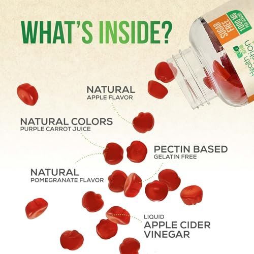 Apfelessig Gummibärchen Null Zucker - Max Stärke ACV Gummivitamine - Vitamin B12 & Die Mutter - Stoffwechsel & Energie Unterstützung - Vegane Apfelessig Gummibärchen - Non-GMO - 60 Gummibärchen
