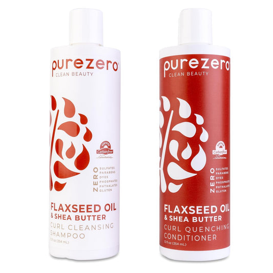 Purezero Leinsamenöl & Sheabutter Shampoo und Conditioner Set – Lockenpflege – Für lockiges Haar, entwirrt und bändigt Frizz – Ohne Sulfate, Parabene, Farbstoffe – 100% vegan & tierversuchsfrei – Ideal für coloriertes Haar